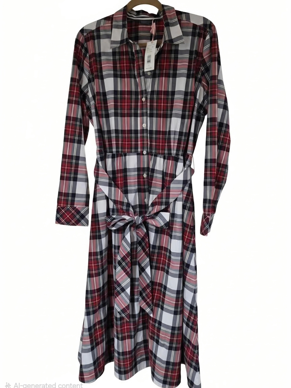 Vineyard Vines Red and White Plaid Long-Sleeve Shirt Dress with Waist Tie